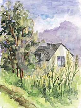 Watercolor of autumn landscape. House with trees on sky background. Hand painted illustration.