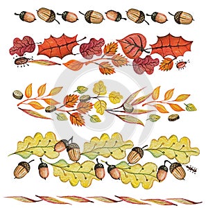 Watercolor autumn leaves,acorn border set