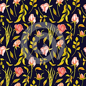 Watercolor autumn leaves and dry roses seamless pattern. Hand drawn vintage floral elements on dark background. Fall