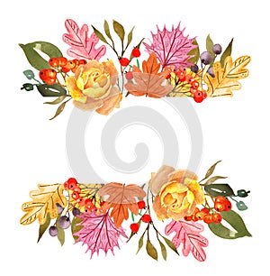 Watercolor autumn leaves and plants banner, isolated on white background. Fall floral border for cards, invitations.