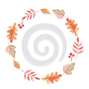 Watercolor autumn leaves round wreath isolated on white background