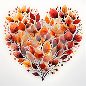 Watercolor autumn leaves in the shape of a heart isolated on white background.