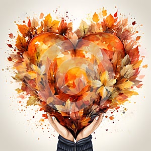 Watercolor autumn leaves in the shape of a heart isolated on white background. Hand painted botanical illustration