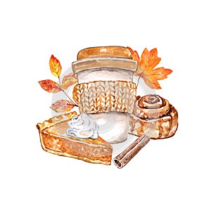 Watercolor autumn mood illustration. Hand drawn pumpkin spice latte, pie, cinnamon roll, fall orange leaves