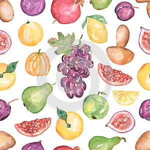 Watercolor autumn mood seamless pattern. Pumpkin, grapes, plum, pomegranate, mushrom, pear print. Fall harvest food print