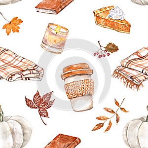 Watercolor autumn mood seamless pattern. Pumpkin spice latte, leaves, candles, blanket. Fall essentials print