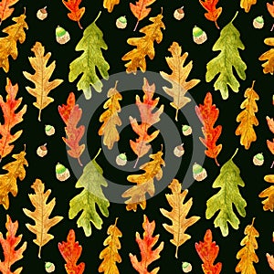 Watercolor autumn oak leaves seamless pattern on black