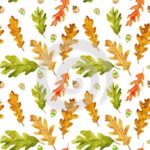 Watercolor autumn oak leaves seamless pattern