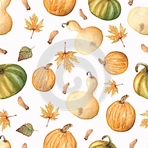 Watercolor autumn pattern of leaves and pumpkins isolated on white.perfect for your dersign.