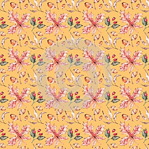Watercolor autumn pattern with maple leaves rosehip acorns
