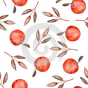 Watercolor autumn pattern with orange brown leaves and twigs, apples.