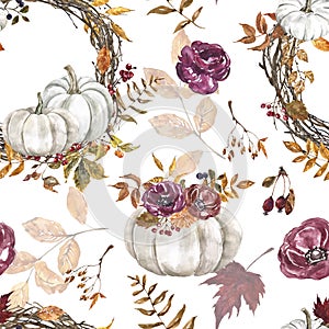 Watercolor autumn pumpkin seamless pattern. Fall print with pumpkins, flowers and leaves on white background