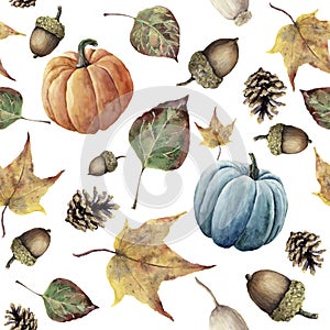 Watercolor autumn seamless pattern. Hand painted pine cone, acorn, berry, yellow and green fall leaves and pumpkin ornament