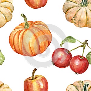 Watercolor autumn seamless pattern with hand painted yellow and orange pumpkins and red apples, isolated on white background.