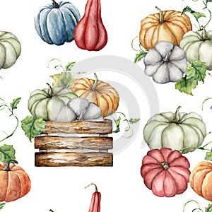 Watercolor autumn seamless pattern with pumpkins and leaves in the wooden box. Hand painted colorful gourds isolated on