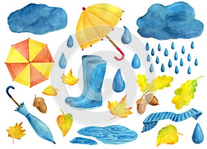 Watercolor autumn set. Decorative elements of season. Umbrella, clouds and rain, rubber boots, scarf, drops of water