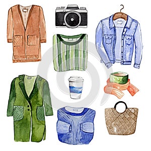 Watercolor autumn set of fashionable clothes and items on a white background. Isolate