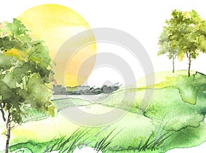 Watercolor autumn, summer forest, silhouette of trees, bushes.,sun, sunset, Field. Country view. logo, card. Drawing of green tree