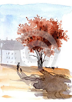 Watercolor autumn tree in a city