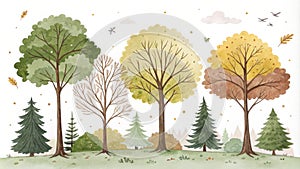 Watercolor Autumn Trees Four Seasons Composition