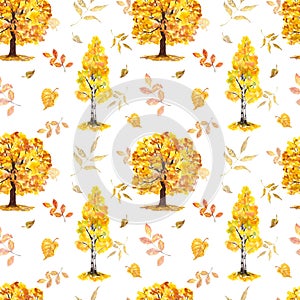 Fall trees seamless pattern. Watercolor oak and birch tree forest, orange and yellow leaves. Autumn natural print
