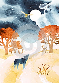 Watercolor autumn vector landscape in blue and orange colors. Illustration of  trees, owl â€‹and wolf under night sky. Silhouette