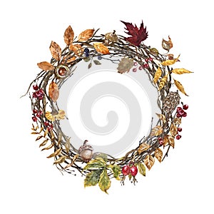 Watercolor autumn wreath, with colorful leaves and rosehip berries, isolated on white background. Thanksgiving holiday decor in