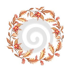 Watercolor autumn wreath with oak leaves, branches and red flowers. Hand painted frame on white background. Floral