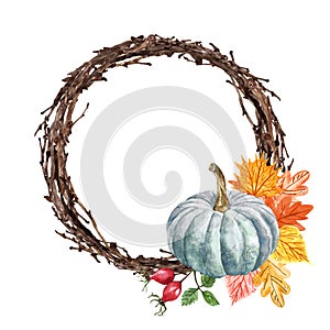 Watercolor autumn wreath, pumpkin, colorful leaves and rosehip berries, isolated on white background. Thanksgiving holiday