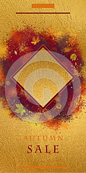 Autumn Sale Diamond Template on Golden Background.