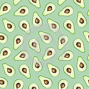 Watercolor avocado fruits on the green background