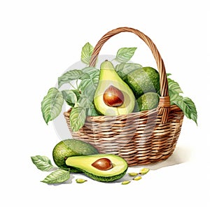 Watercolor Avocado Picnic Basket Illustration With Detailed Layers