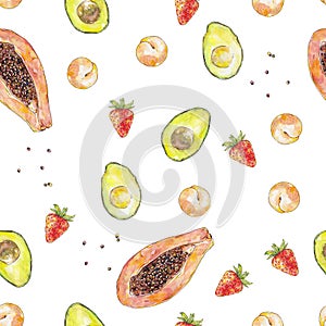 Watercolor avocado strawberry apricot papaya fruits isolated on white background. Seamless pattern. Hello my style