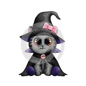 Watercolor baby black cat illustration. Halloween black cat with witch hat and pink bow isolated on white background