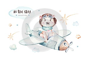 Watercolor baby cartoon pilot aviation hippopotamus, lion and zebra animals sky transport, airplanes clouds. cute