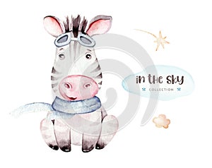 Watercolor baby cartoon pilot aviation hippopotamus, lion and zebra animals sky transport, airplanes clouds. cute