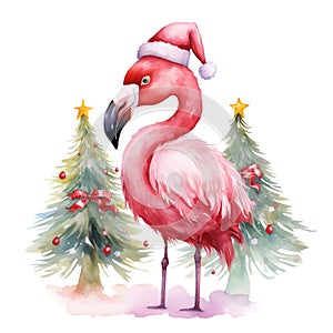 Watercolor Baby Flamingo Animal With Christmas Tree Clipart, Watercolor Clip art, Cute Animal PNG, Forest Animals PNG