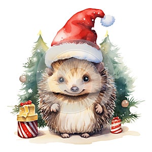 Watercolor Baby Hedgehog Animal With Christmas Tree Clipart, Watercolor Clip art, Cute Animal PNG, Forest Animals PNG