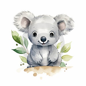 Watercolor Baby Koala Bear Sitting On Grass Vector