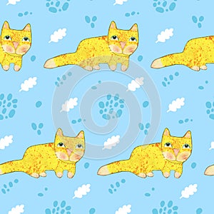 Watercolor baby pattern with cute cartoon cats
