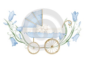 Watercolor Baby Pram with blue flowers in vintage style. Retro kid Stroller in cute pastel colors. Carriage for children