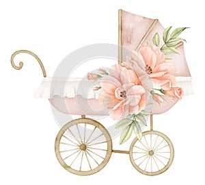 Watercolor Baby Pram with rose flowers in vintage style. Retro kid Stroller in cute pastel pink and beige colors. Cute