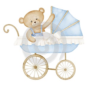Watercolor Baby Pram with Teddy bear in vintage style. Retro kid Stroller in cute pastel blue and beige colors. Carriage