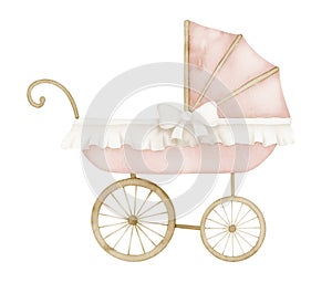 Watercolor Baby Pram in vintage style. Retro kid Stroller in cute pastel pink and beige colors. Carriage for children on