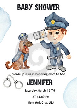 Watercolor baby shower card with a boy Police officer and dog