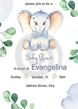 Watercolor baby shower card with cute cartoon baby elephant boy