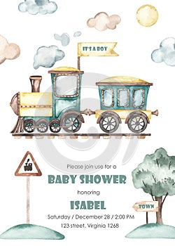 Watercolor baby shower with cute cartoon train sideways on rails with railway sign and tree