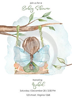 Watercolor baby shower Garden fairies with a fairy on a swing on a tree