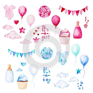 Watercolor baby shower set. Its a boy or girl theme with balloons, baby clothes and cupcake. For design, print or background