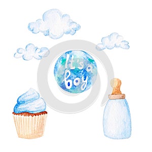 Watercolor baby shower set. Its a boy theme with clouds, baby bottle